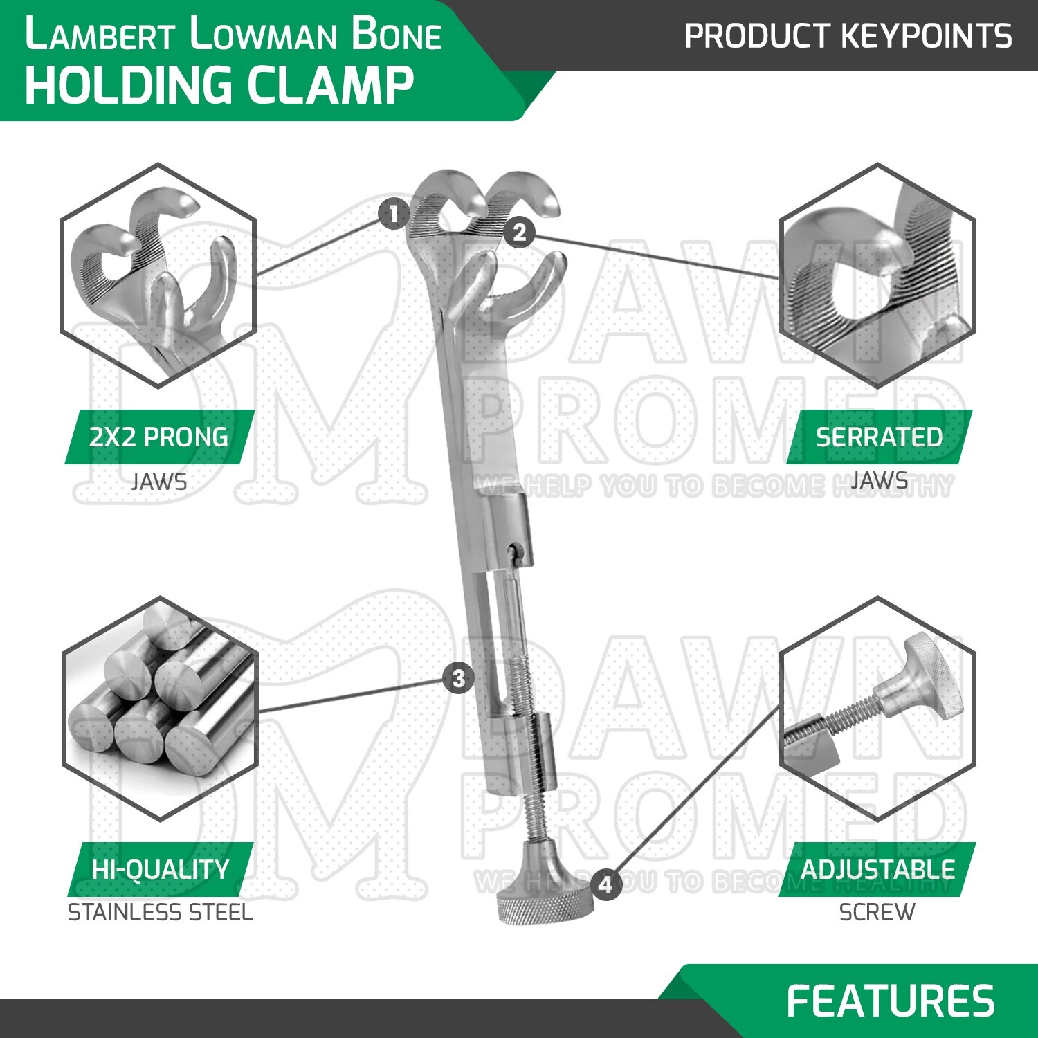 Lambert Lowman Bone Holding Clamp 8″ 2×2 Prong Jaws 1 3/8″ Orthopedic Instrument
