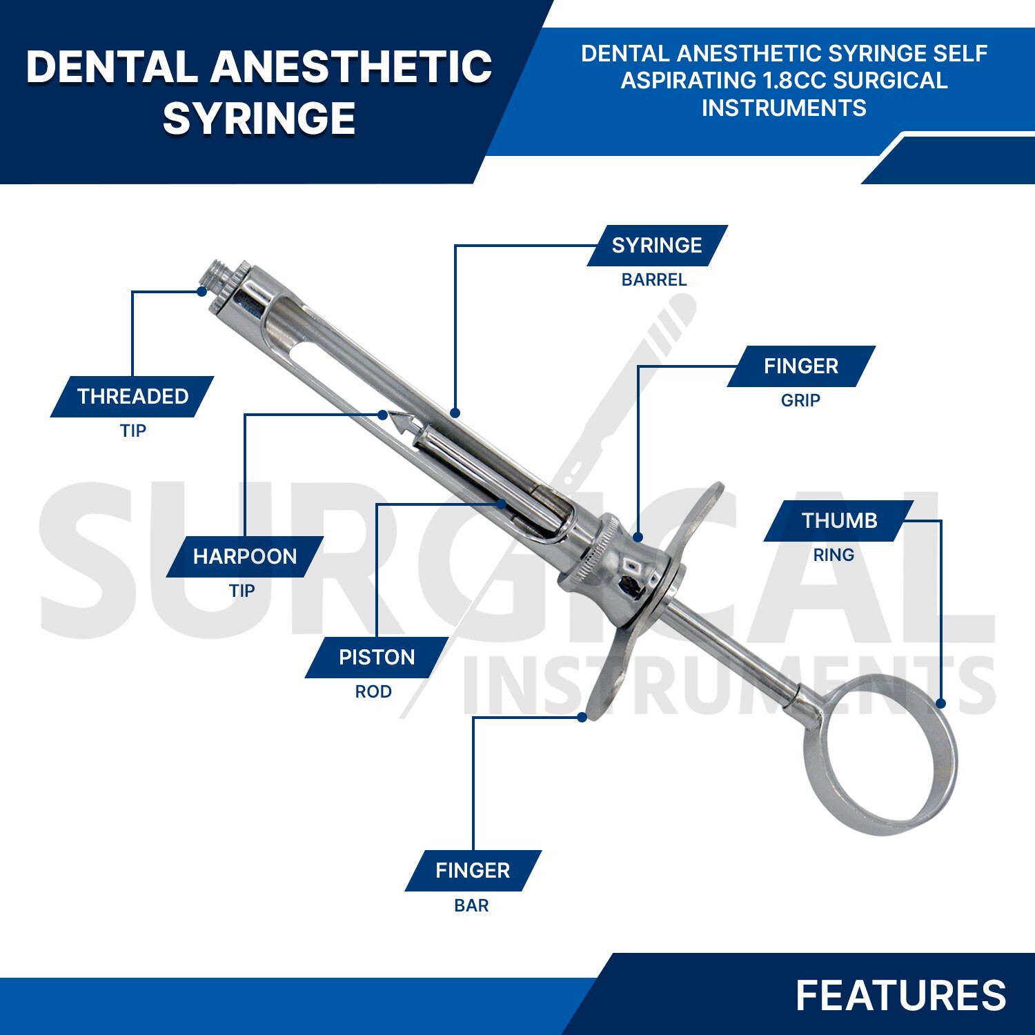 Dental Aspirating Syringe Dentist Surgical Instruments 1.8cc C-W type German GR