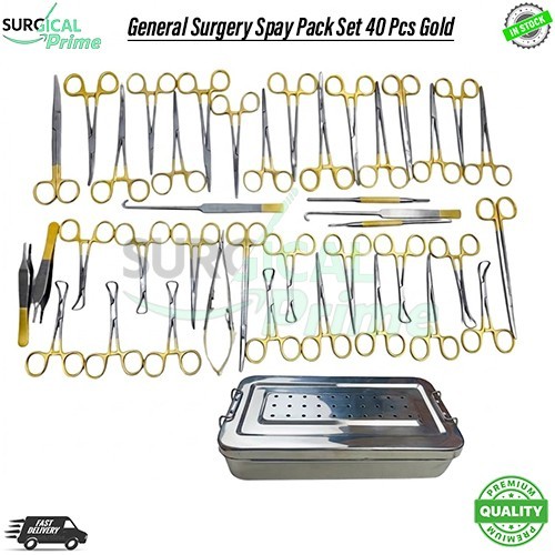 General Surgery Spay Pack Set 40 Pcs Gold Handle Surgical Instruments Kit W Box