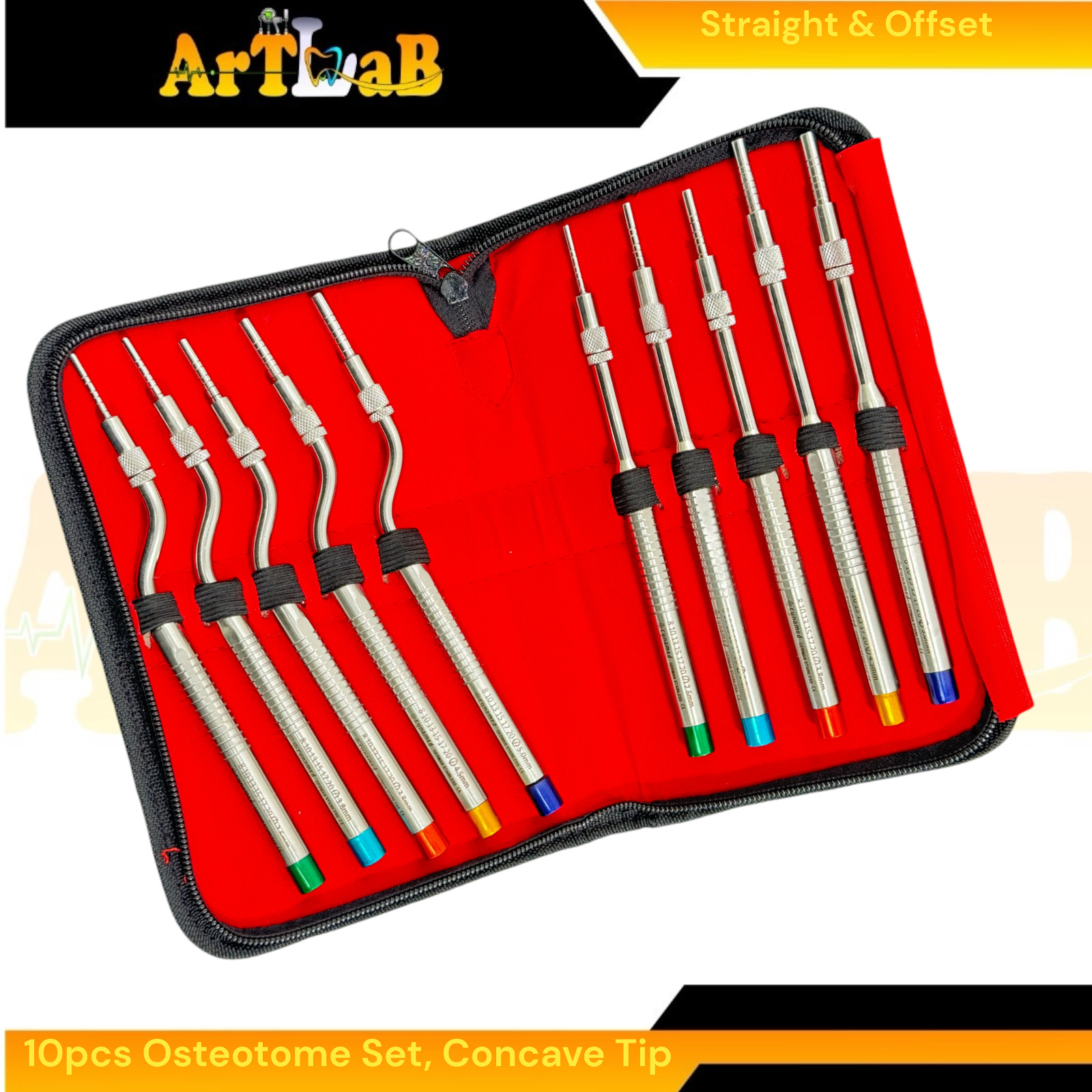 Color-Coded Osteotomes, Curved & Straight, with Concave Tip, Implant Tools (10PK