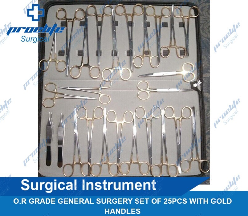 O.R GRADE GENERAL SURGERY SET OF 25PCS WITH GOLD HANDLES