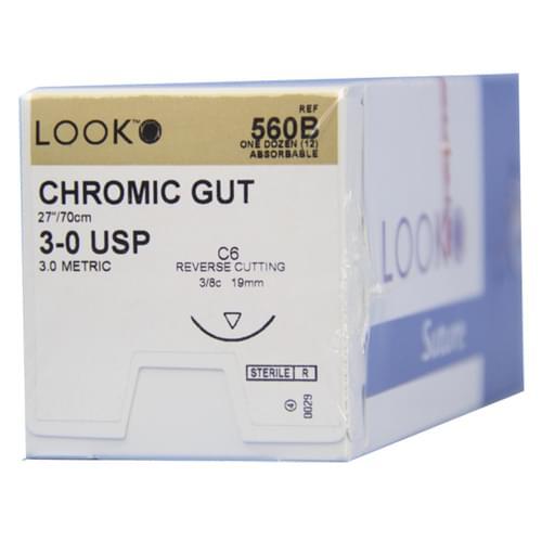 Look 560B Chromic Gut Absorbable Reverse Cut Sutures C6 3/8 Circle 3-0 27″ 12/Bx