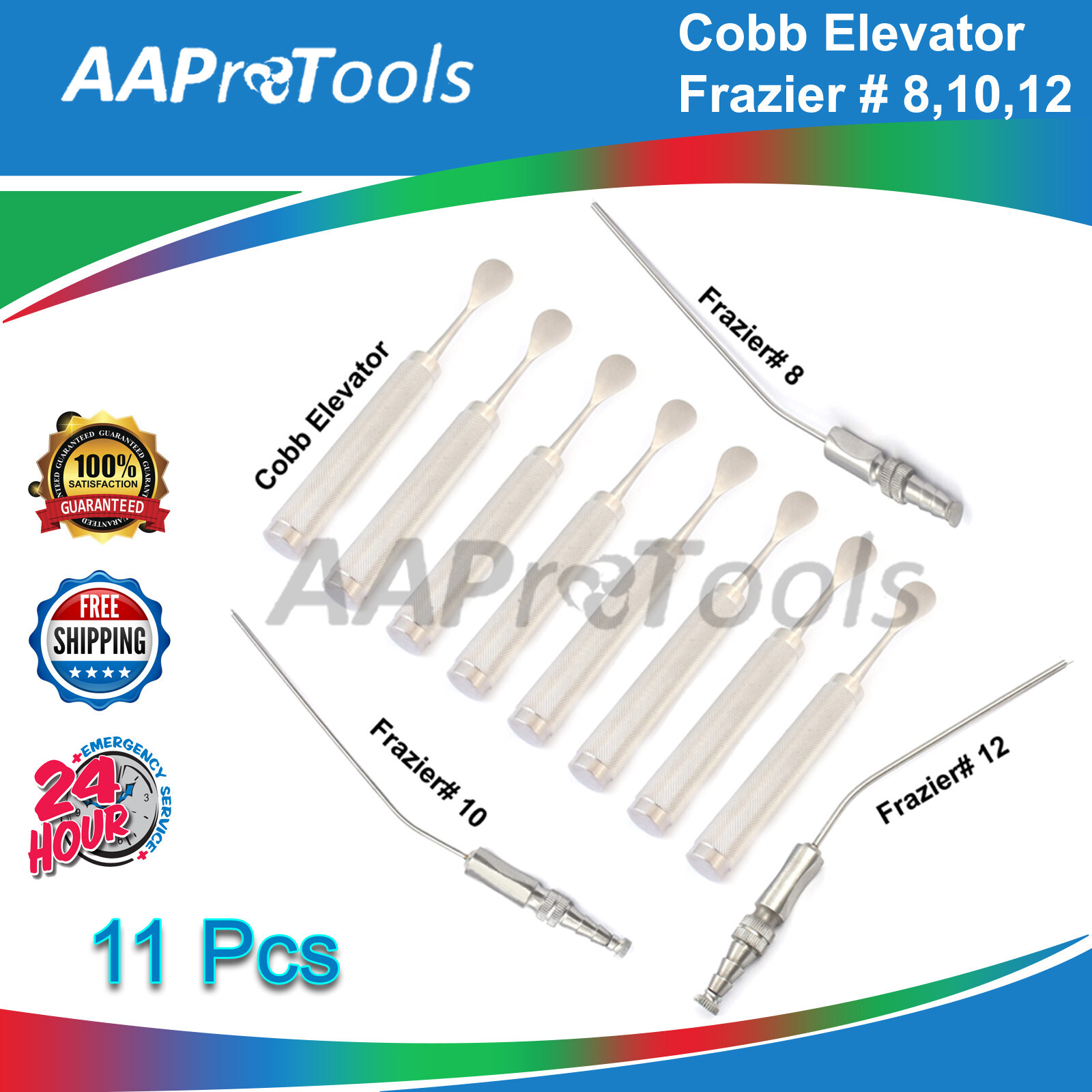 Set Of 11pcs Spinal Cobb Elevator, Frazier Suction Tube,8,10,12 ENT/Orthro Tool