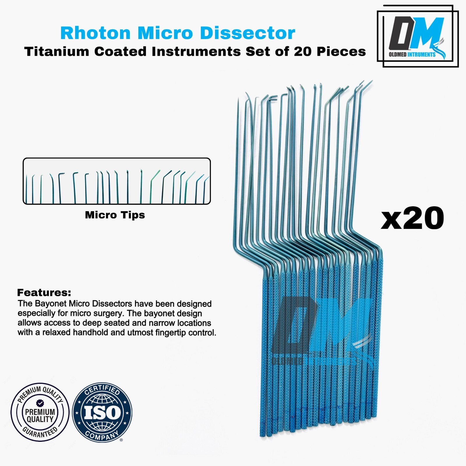Rhoton Micro Dissector Neurosurgical Expanded 20 PCs Set Blue Titanium Coated A+