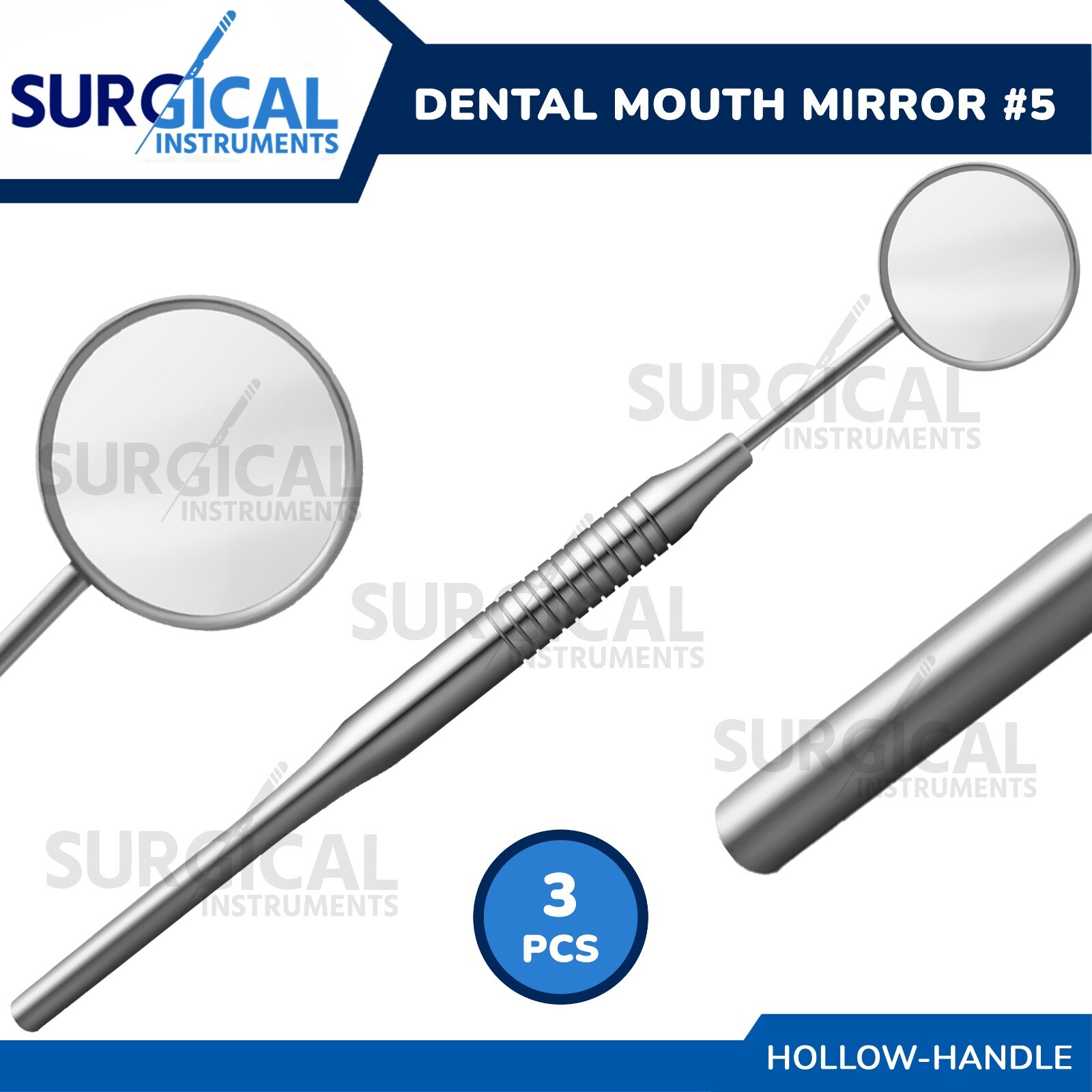 3 Pcs Dental Mirrors #5 with Hollow Handle Stainless Steel Oral Care German Gr