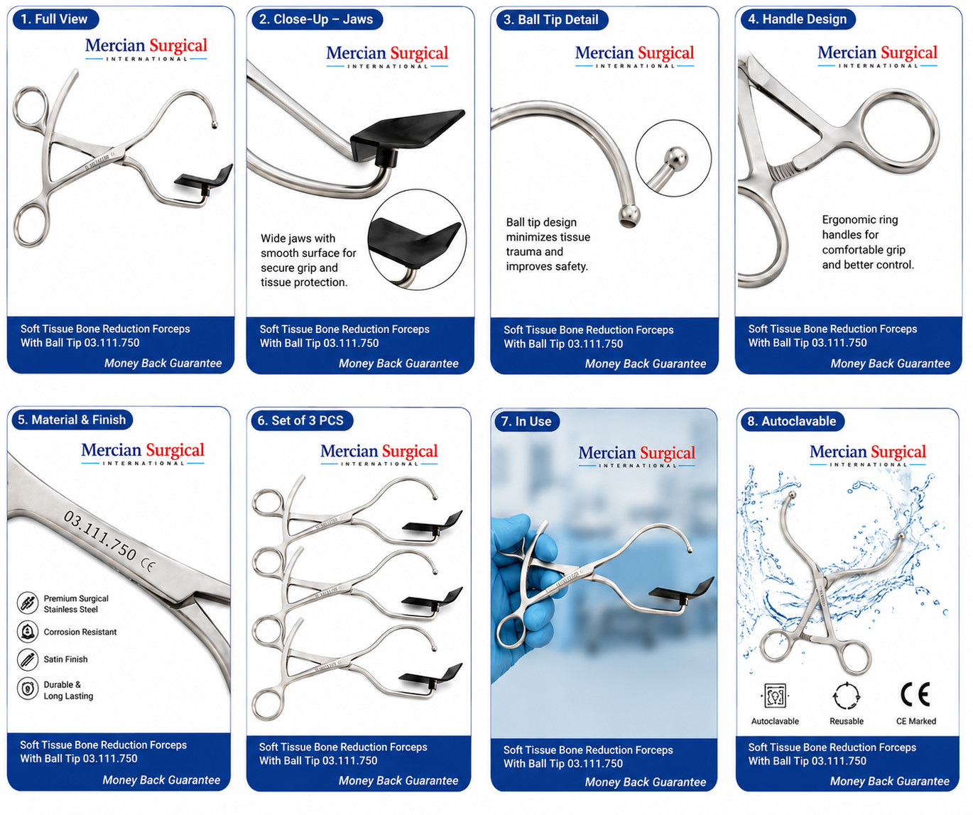 Soft Tissue Bone Reduction Forceps With Ball Tip 03.111.750 Stainless Steel Set