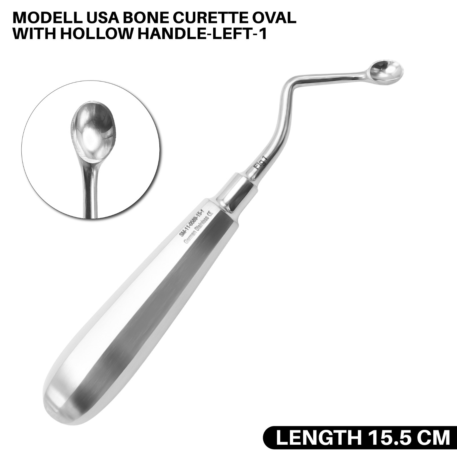 Model USA Bone Curette 15.5 cm Oval with hollow handle Surgical Instuments