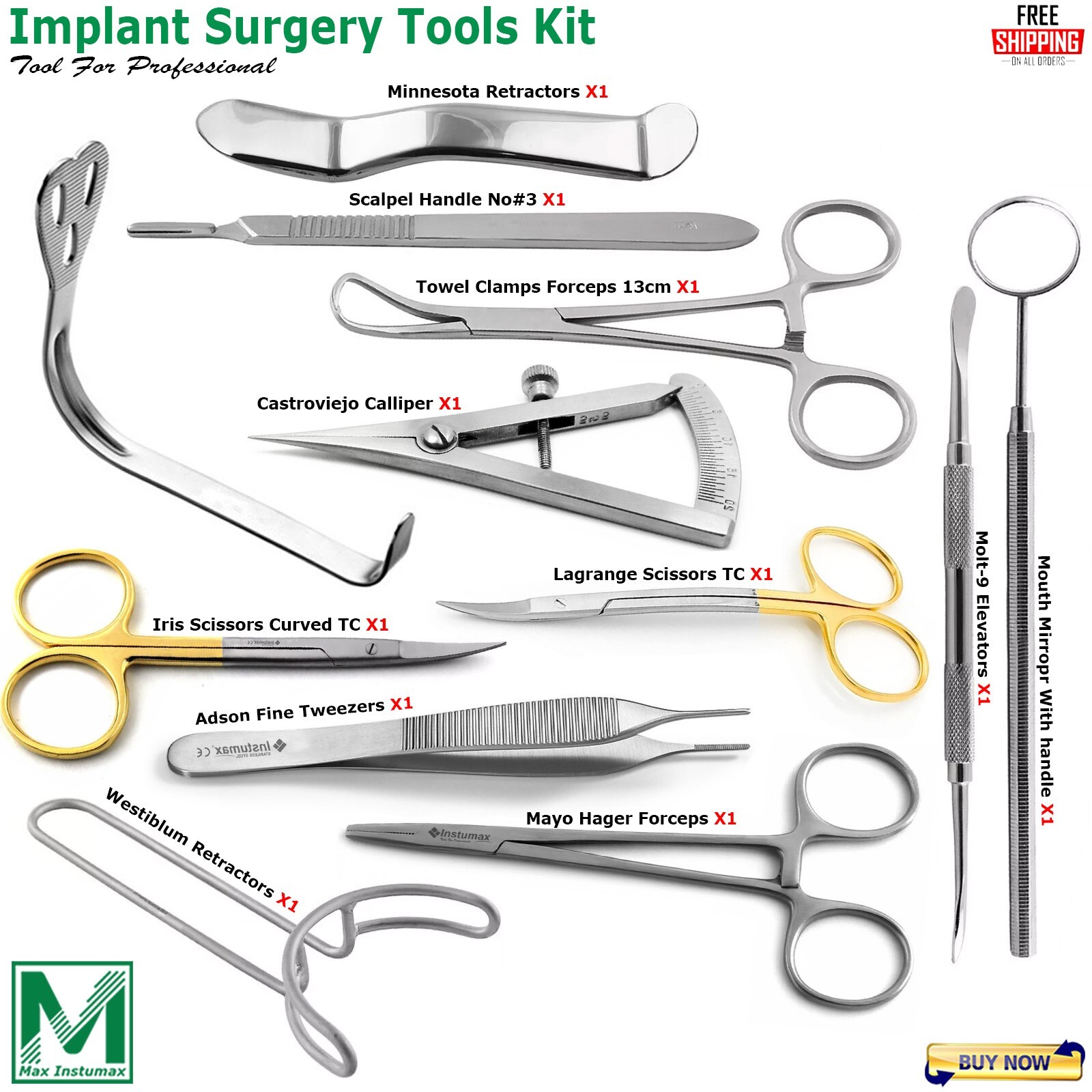 Implant Surgery Tools Kit Dental Surgical Retractors & Scissors Forceps Caliper