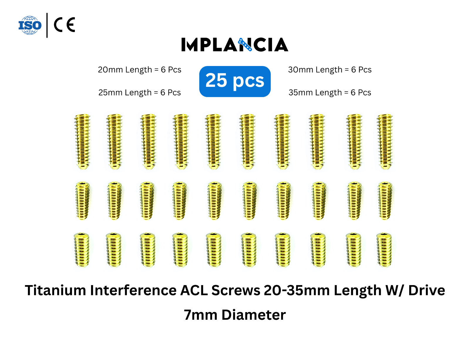 ACL Screws Titanium Interference 7mm Diameter 20-35mm Length 25 Pcs W/ Drive