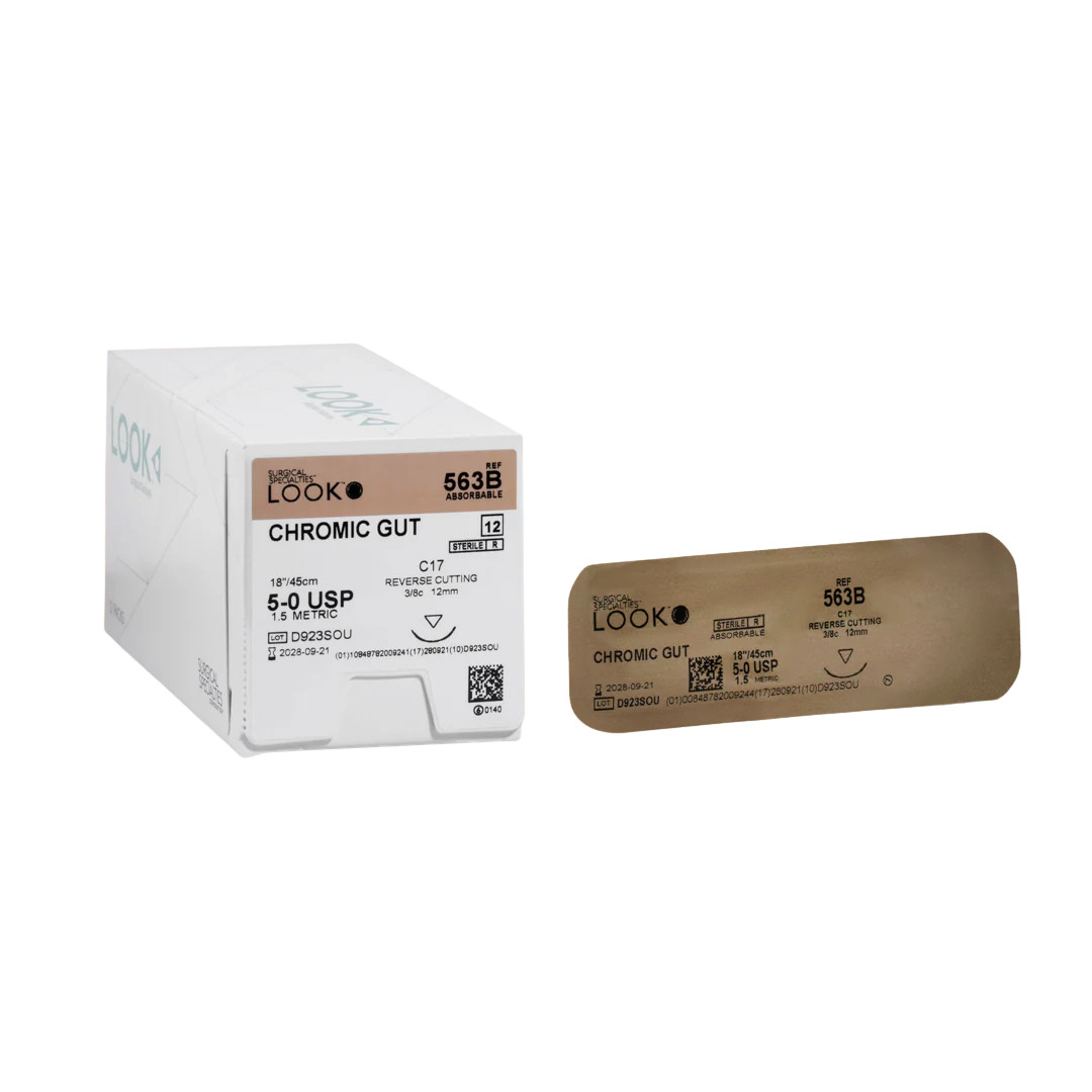 Look 563B Chromic Gut Absorbable Reverse Cut Sutures C17 3/8 Circle 5-0 18″ 12Bx