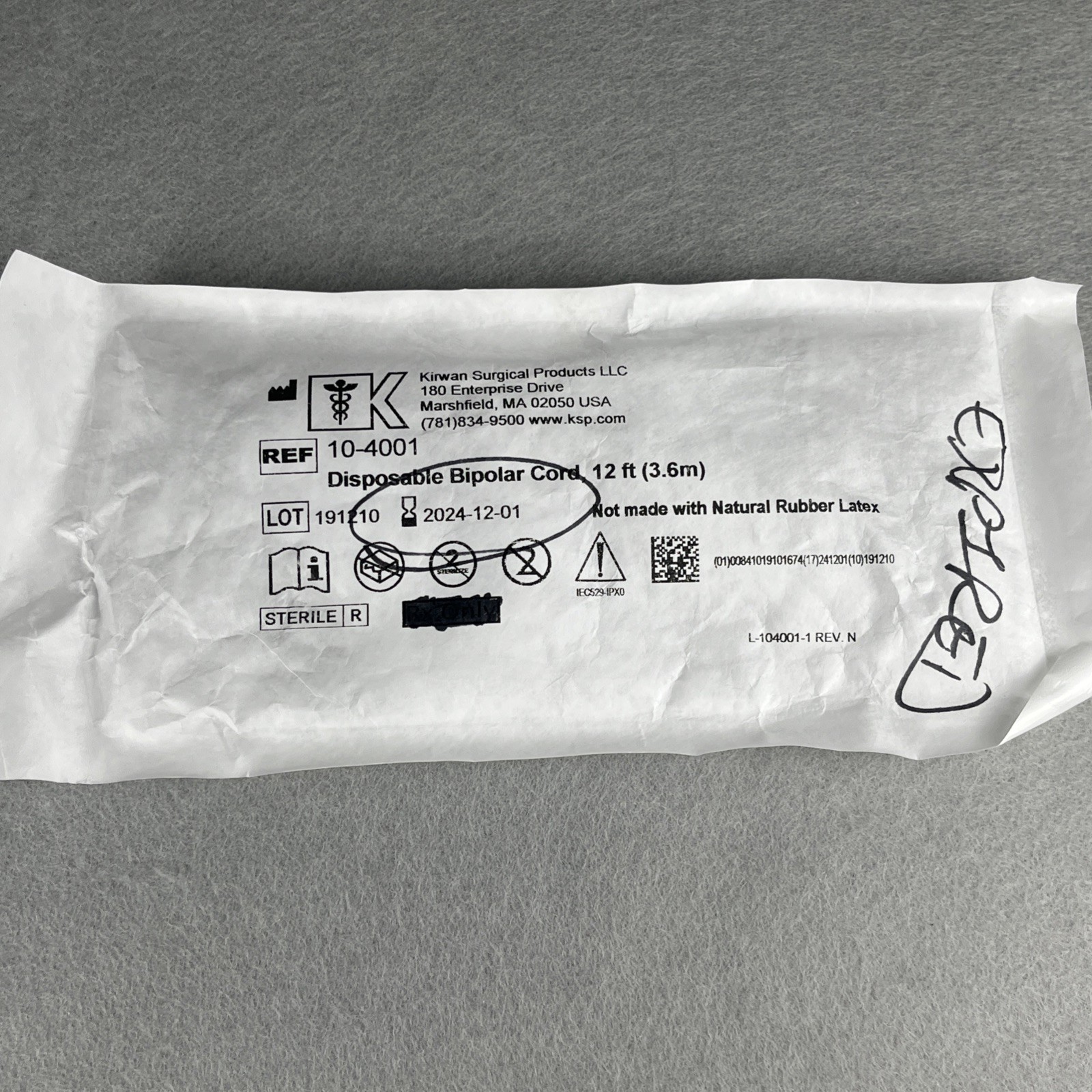 Kirwan Surgical Disposable Bipolar Cord 12ft 12/2024 10-4001