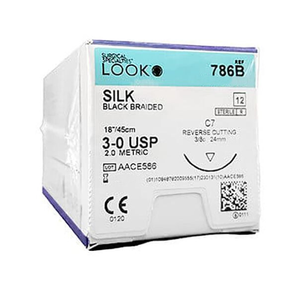 Look 786B Silk Black Braided Reverse Cutting Sutures C7 3/8 Circle 3-0 18″ 12/Bx