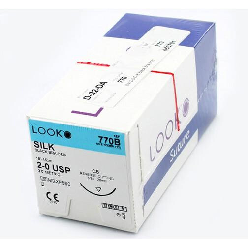 Look 770B Silk Black Braided Reverse Cutting Sutures C-8 2/0 18″ 12/Pk