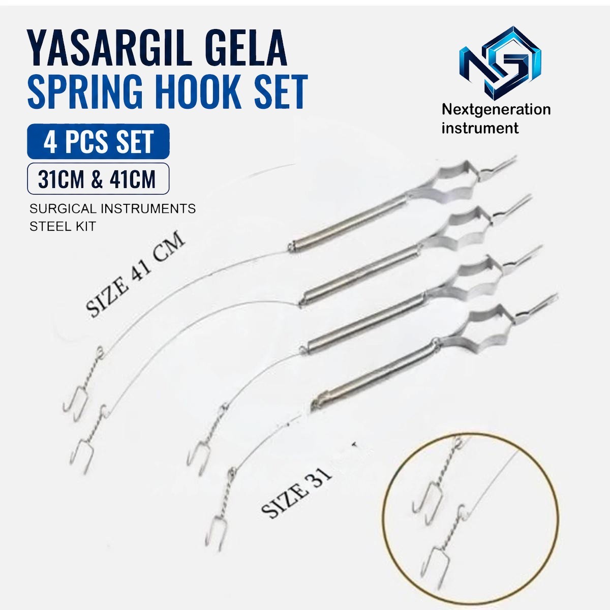 Yasargil Gela Spring Hook Set 4 PCS 31cm 41cm Surgical Instruments Steel Kit
