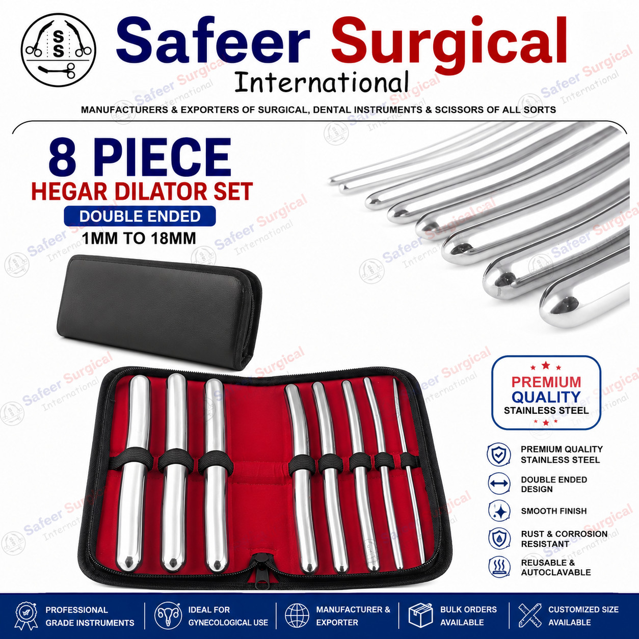 Hegar Dilator Set 8PCS Double Ended 1mm-18mm Stainless Steel Medical Instrument