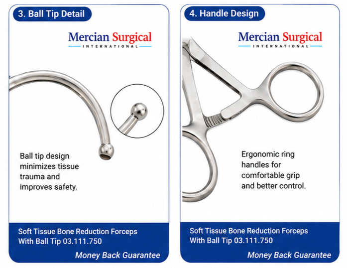 Soft Tissue Bone Reduction Forceps With Ball Tip 03.111.750 Stainless Steel Set