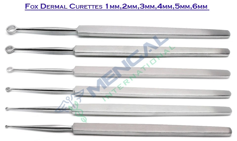 6 Pcs Fox Dermal Curettes Dermatology 1mm,2mm,3mm,4mm,5mm,6mm ENT Instruments