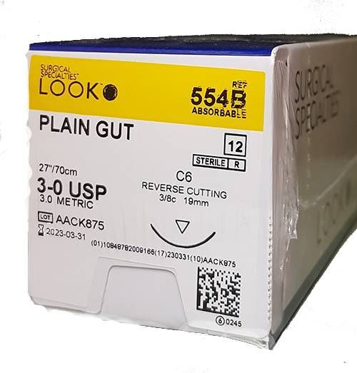 Look 554B Plain Gut Absorbable Reverse Cut Sutures C6 3/8 Circle 3-0 27″ 12/Bx