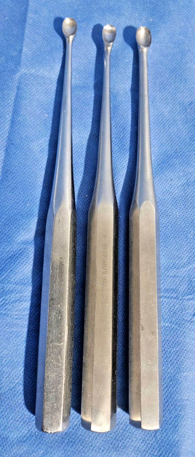 V.Mueller, Zimmer, Biomet Bruns Currette Set, Sizes 4,5,6. Hex Handle, 9”.