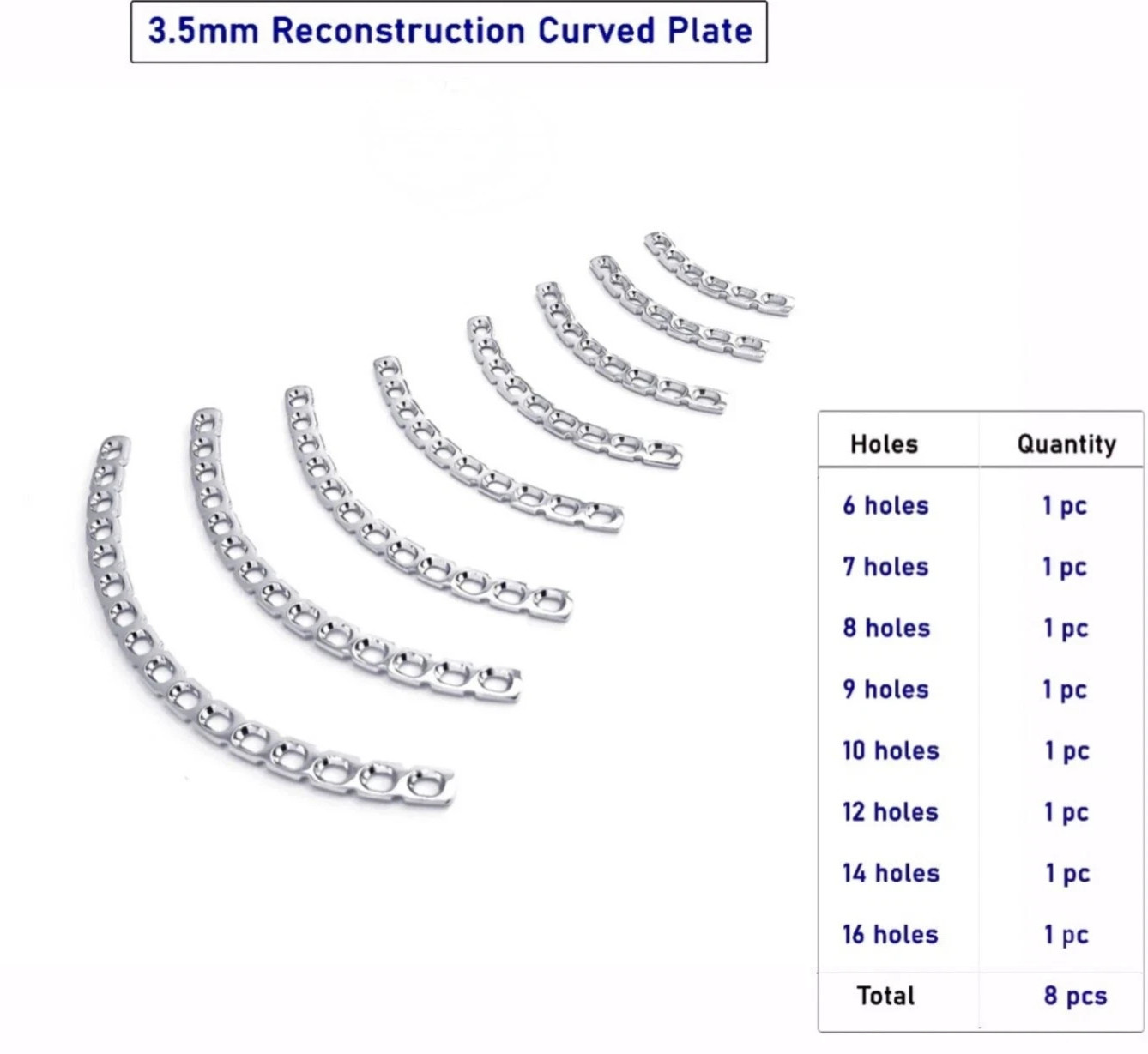 Orthopedic Veterinary Reconstruction Curved Plate (3.5mm) Lot of 8 pcs