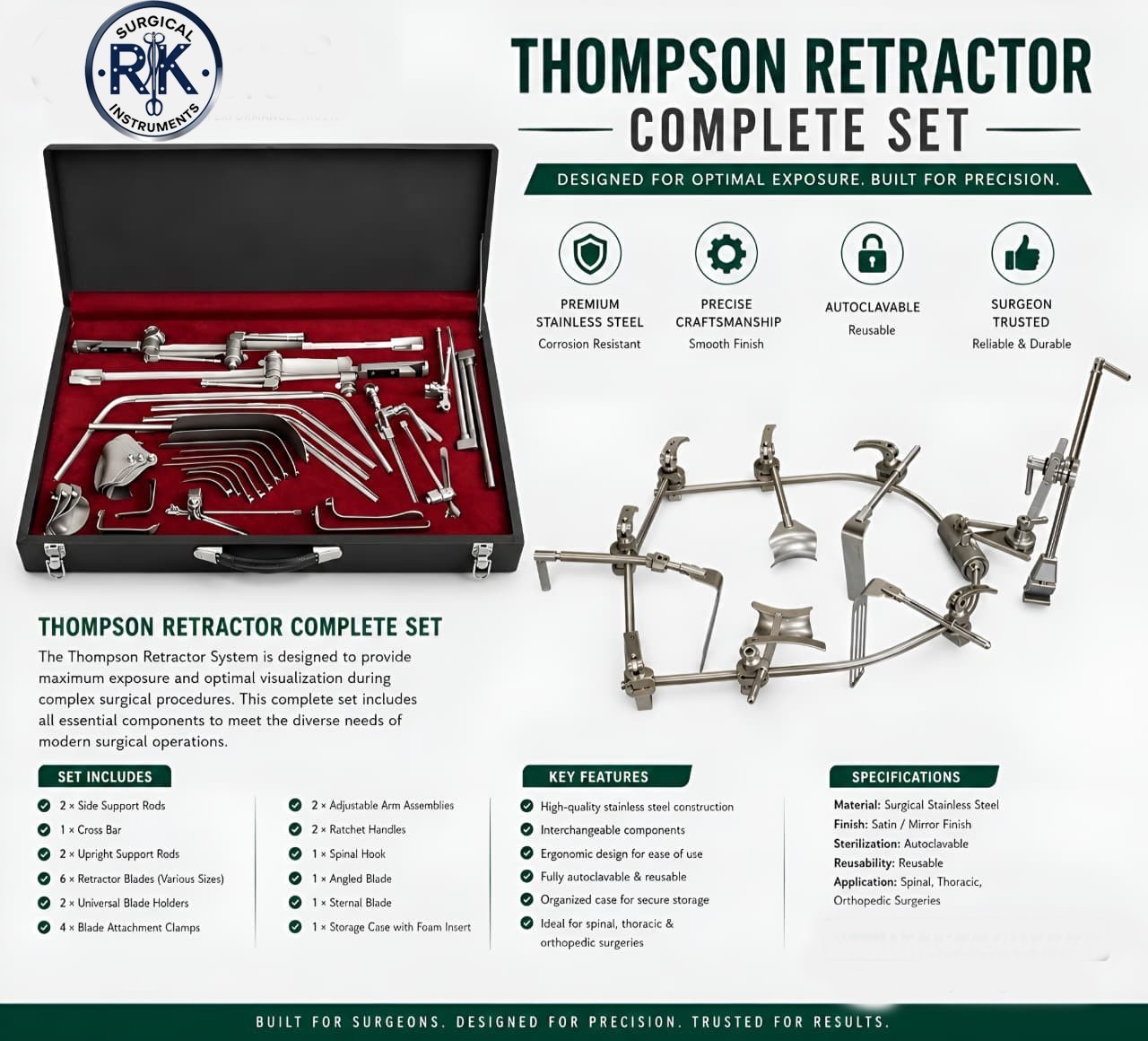 Thompson Retractor Complete Set Stainless Steel Orthopedic Surgical Instrument