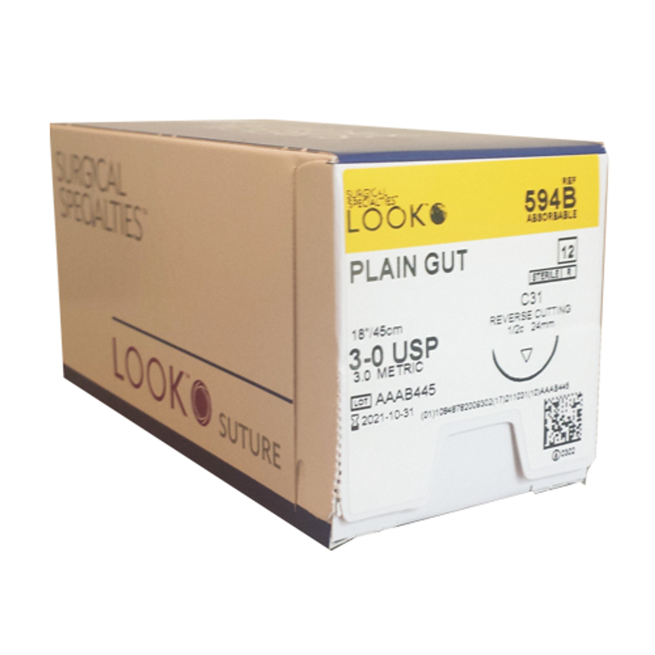 Look X594B Plain Gut Absorbable Sutures 3-0 18″ C31 1/2 Circle 24mm 12/Pk