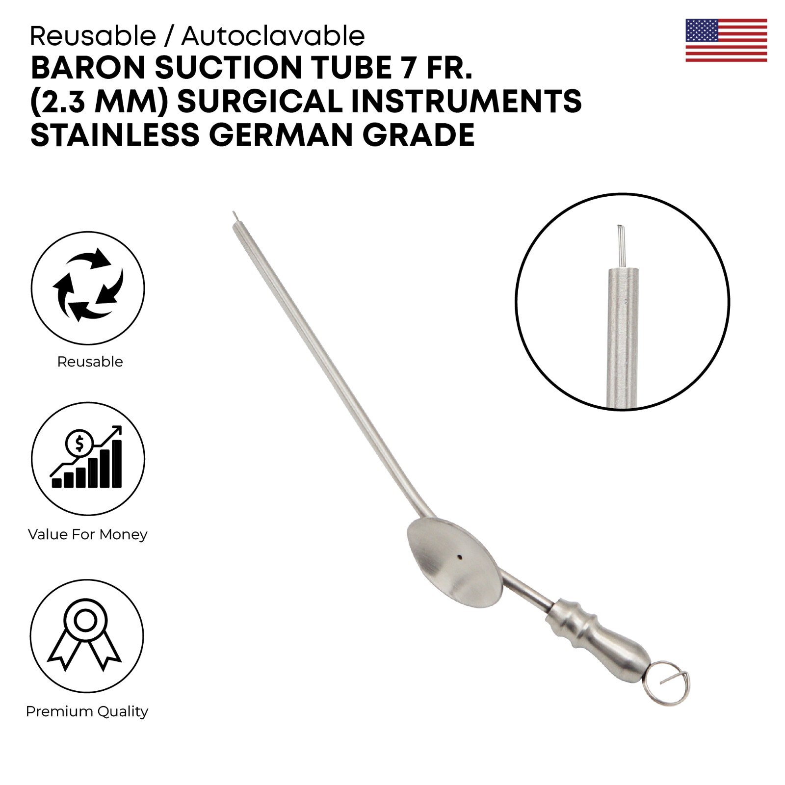 BARON Suction Tube 7 Fr. (2.3 mm) Stainless Steel Surgical Instruments