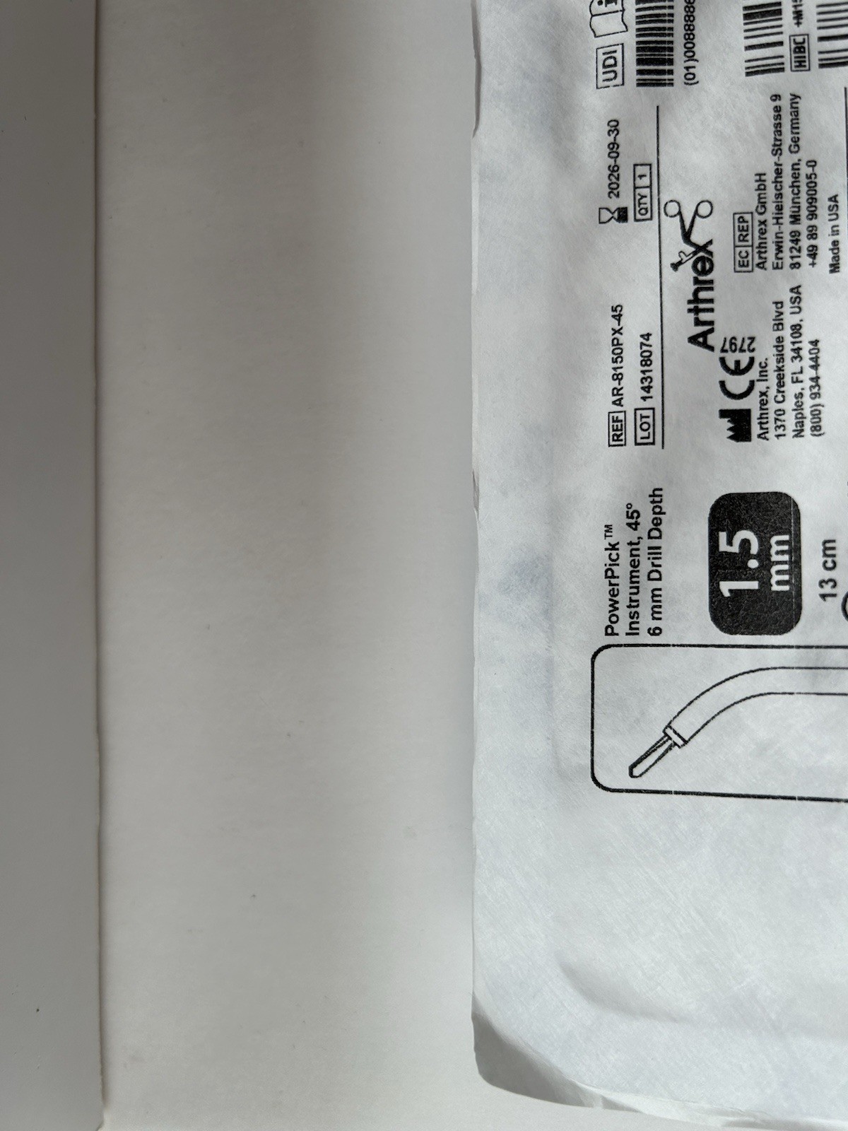 Arthrex Shaver Blades PowerPick, 45°, 1.5mm x 13 cm IN DATE