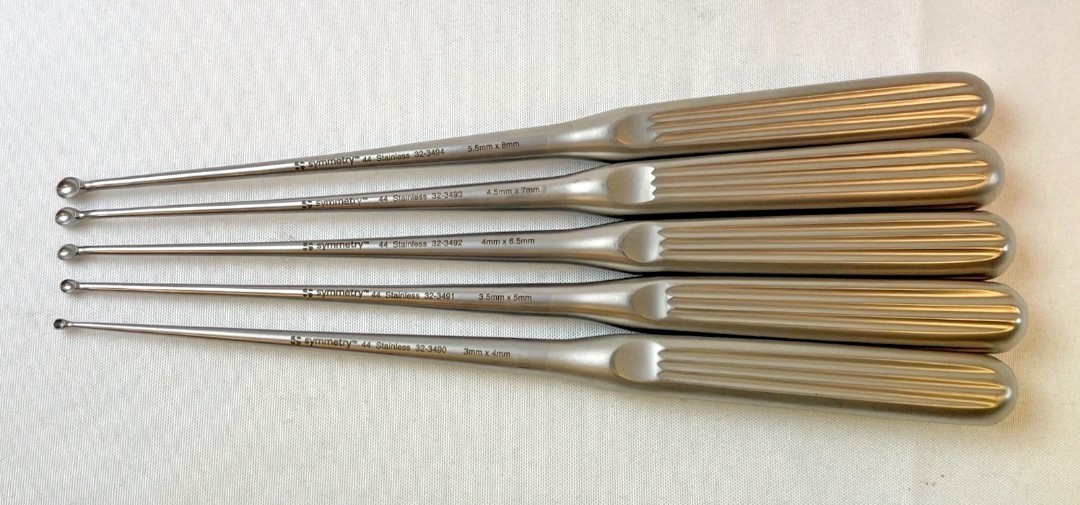Set of 5 Symmetry Surgical Bruns Hollow Handle Reverse Angle 9″ Curettes 1-0000