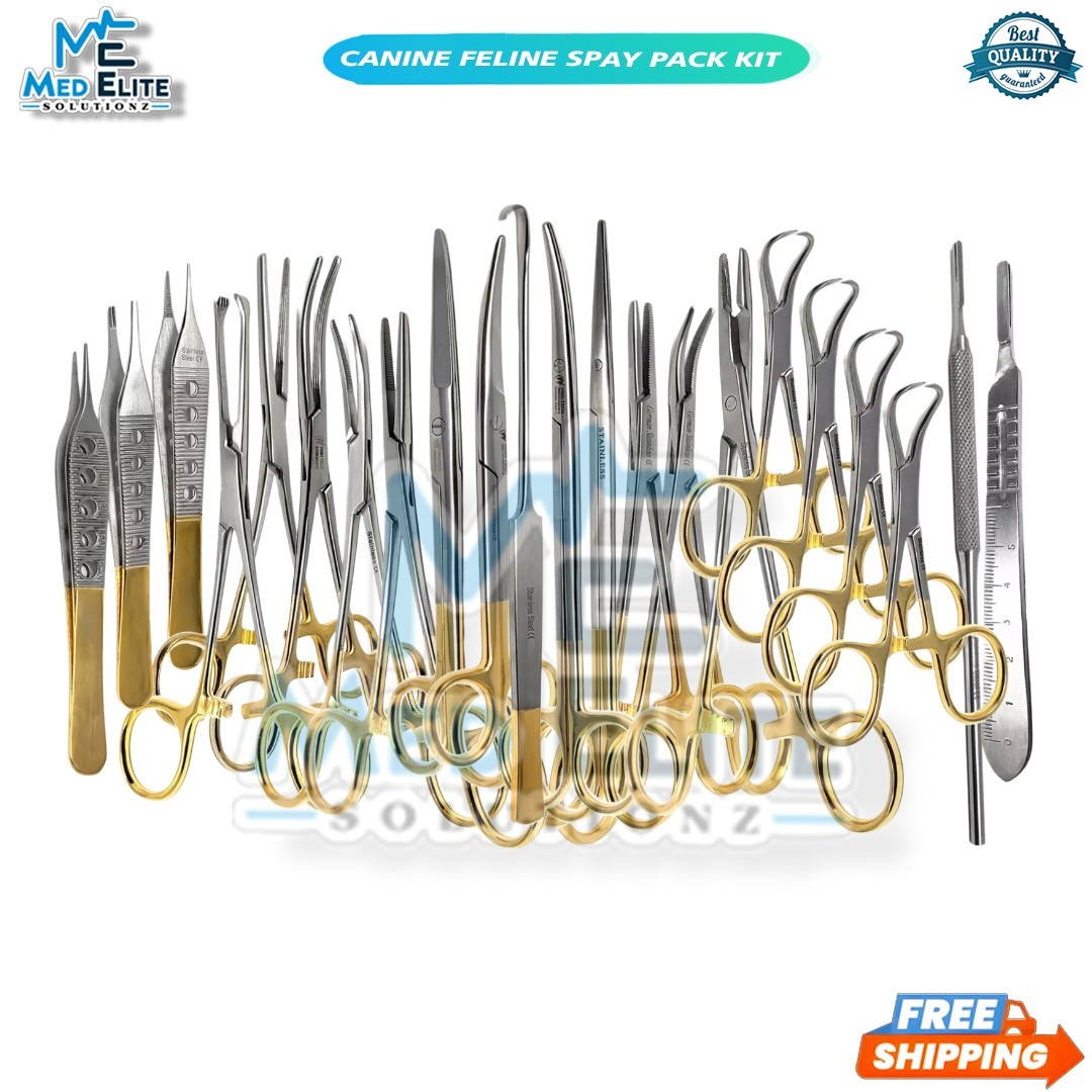 PREMIUM GRADE CANINE FELINE SPAY 22 Pcs PACK KIT GOLD HANDLE SET – STAINLESS CE