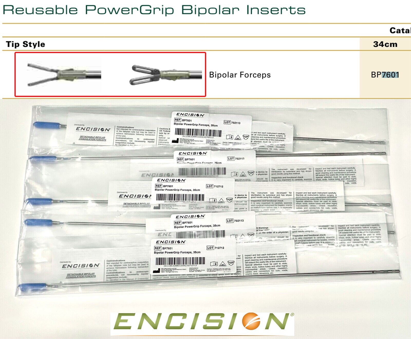 Encision BP7601 Reusable PowerGrip Laparoscopic Bipolar Forceps 18″ Long NEW