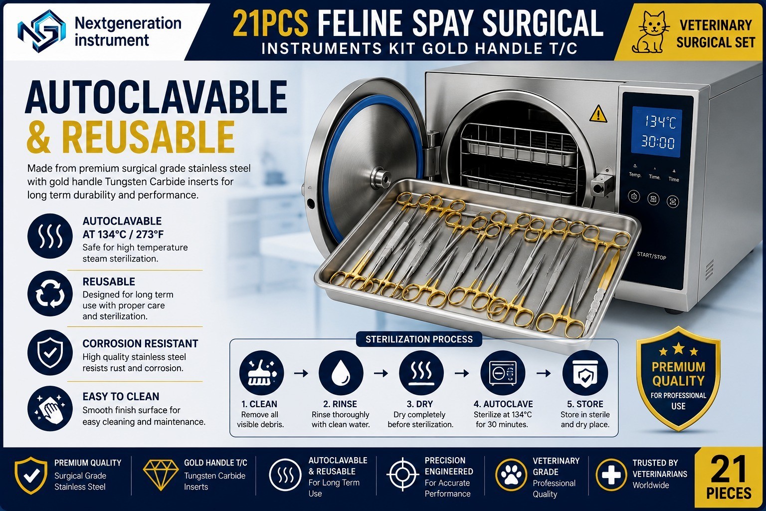 21PCS Feline Spay Surgical Instruments Gold Handle T/C Veterinary Surgical Kit