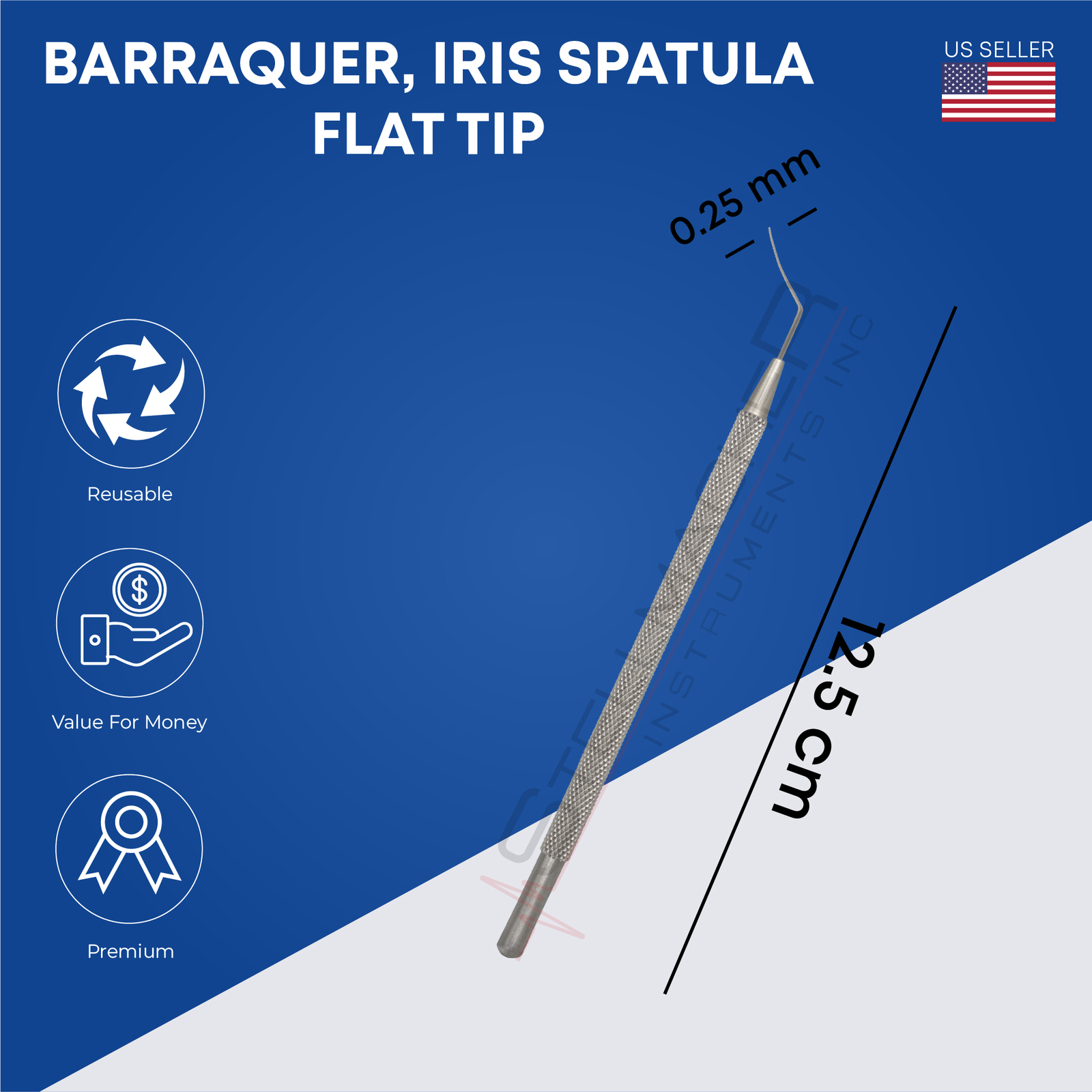 Barraquer, Iris Spatula, Flat Tip 0.25 mm, Overall Length 12.5 cm