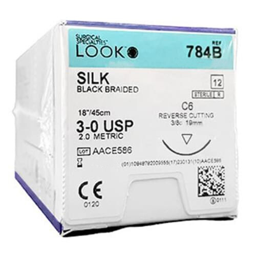 Look 784B Silk Black Braided Reverse Cutting Sutures C6 3/8 Circle 3-0 18″ 12/Bx