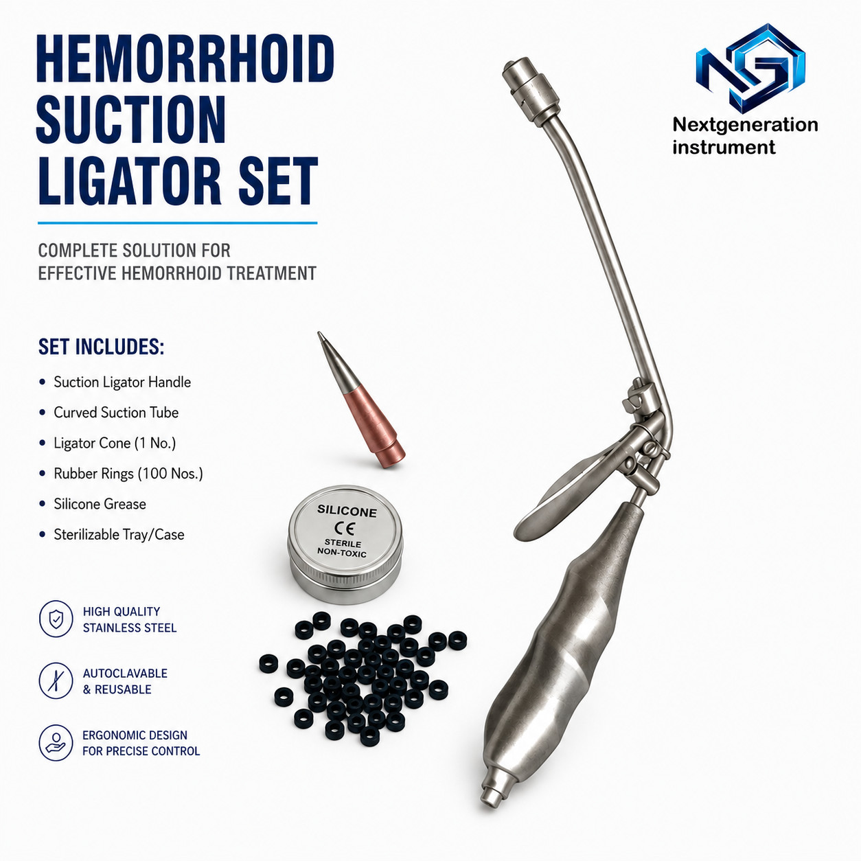 Hemorrhoid Suction Ligator Set 100 Bands Surgical High Quality Instrument Kit
