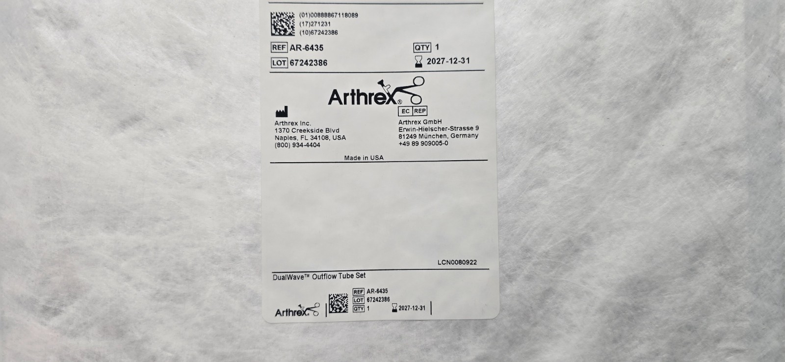Arthrex Outflow Tubing Set Ref: AR-6435 / Dated 2027