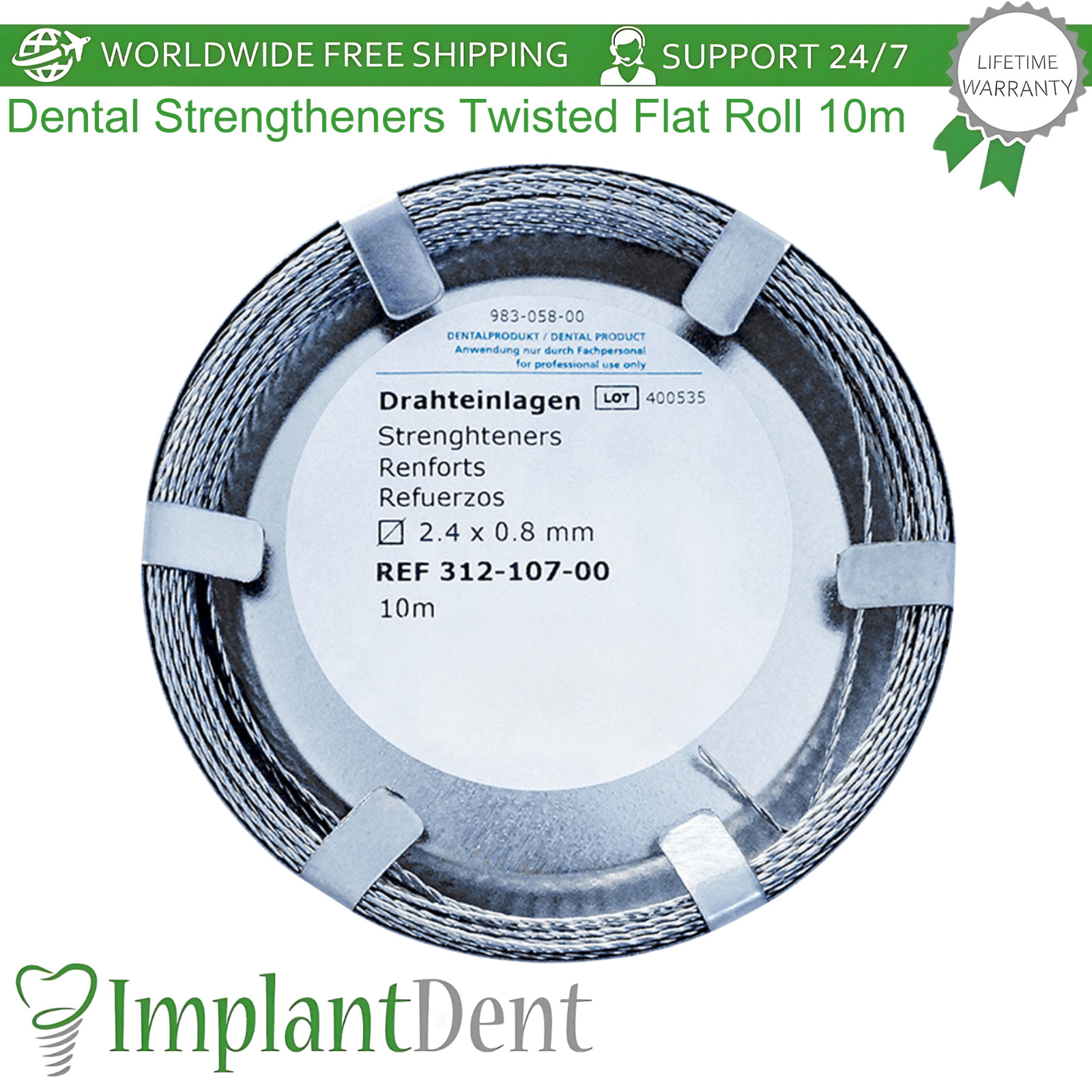 Dental Strengtheners Twisted Flat Roll 10m Long 2.4mm x 0.8mm Dentistry Tool