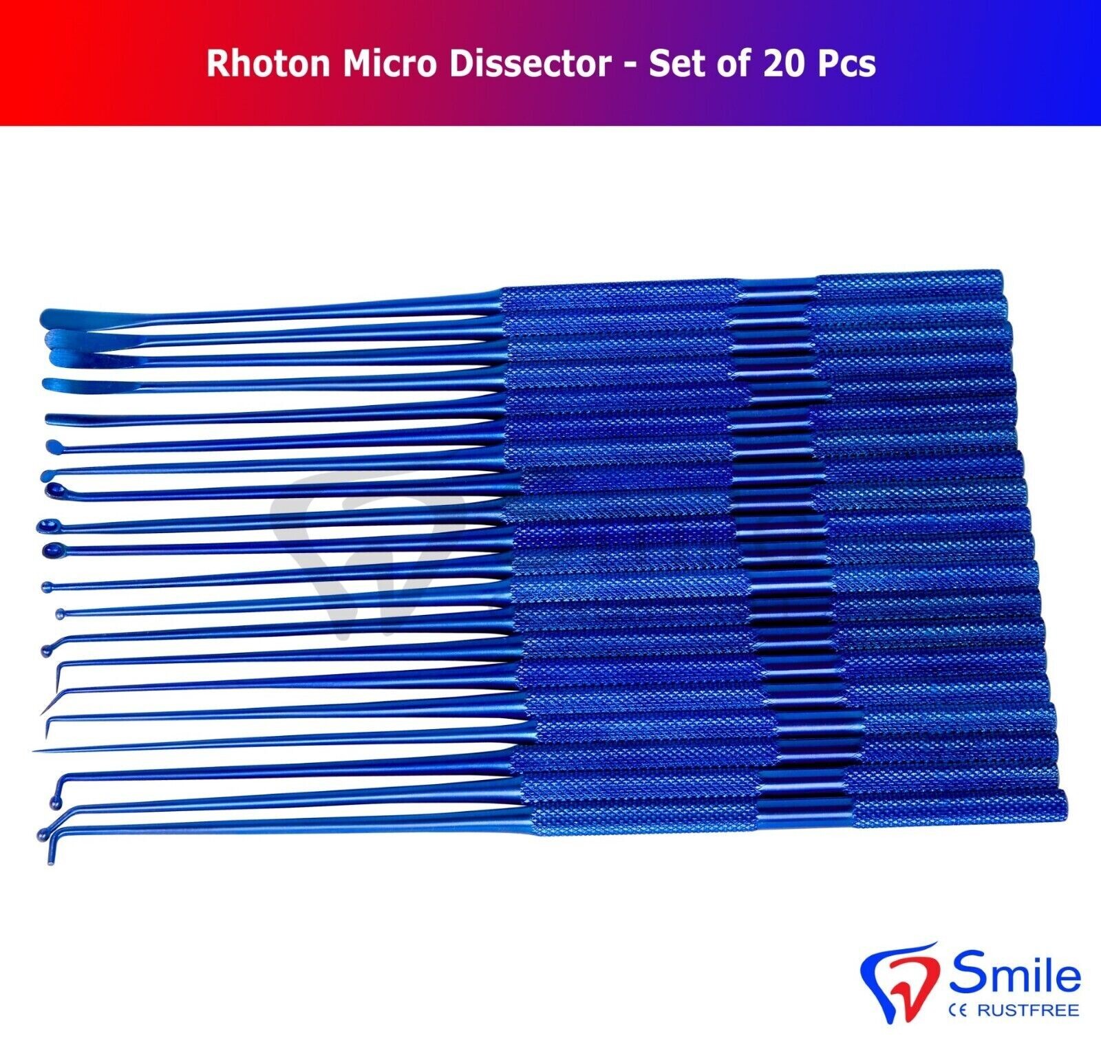 20 PCS Rhoton Micro Dissector Expanded Blue Set Plasma Titanium Coating FDA USA
