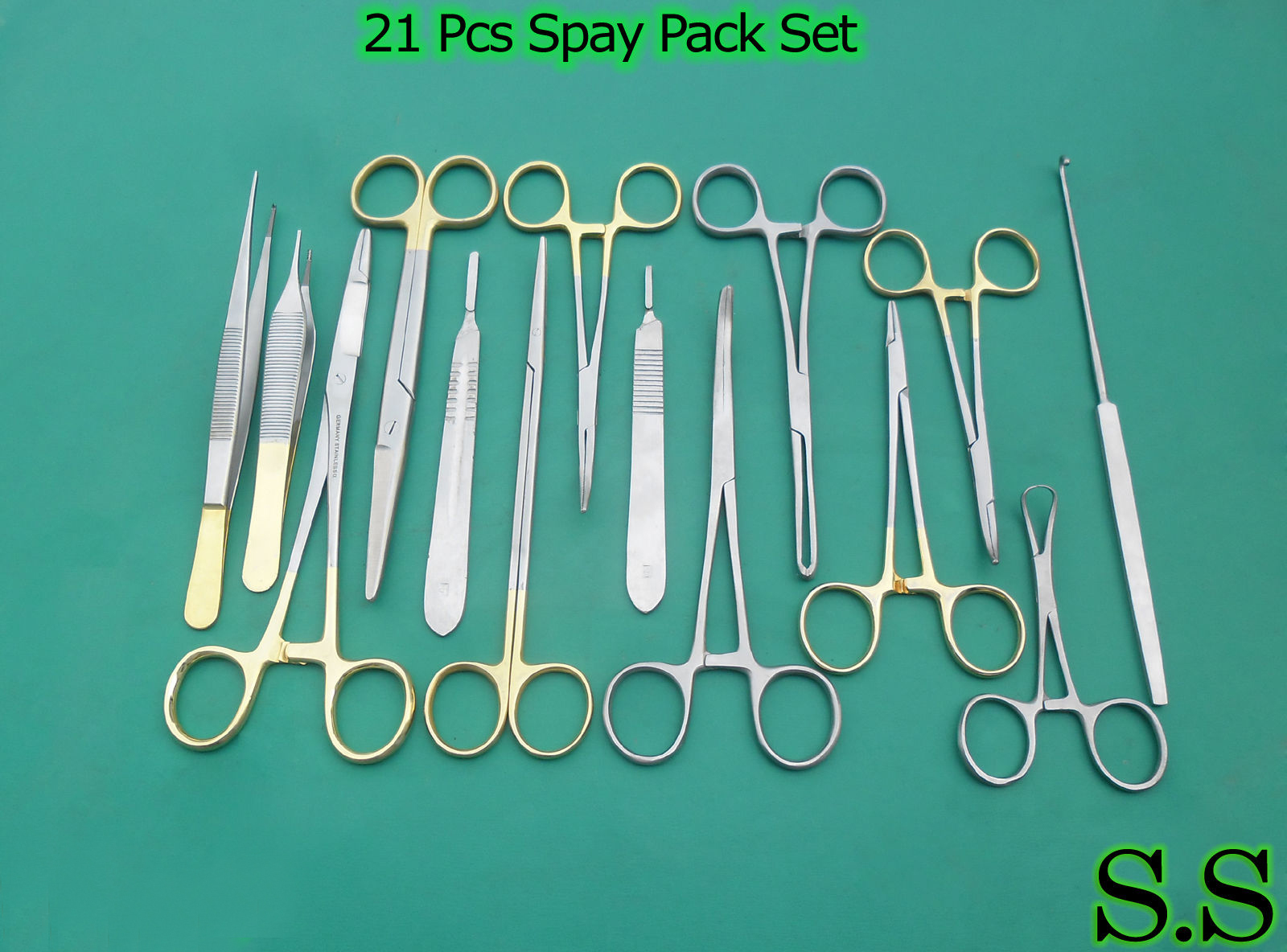 GOLD HANDLE T/C FELINE SPAY PACK SURGICAL INSTRUMENTS KIT SET 21 Pcs DS-1067
