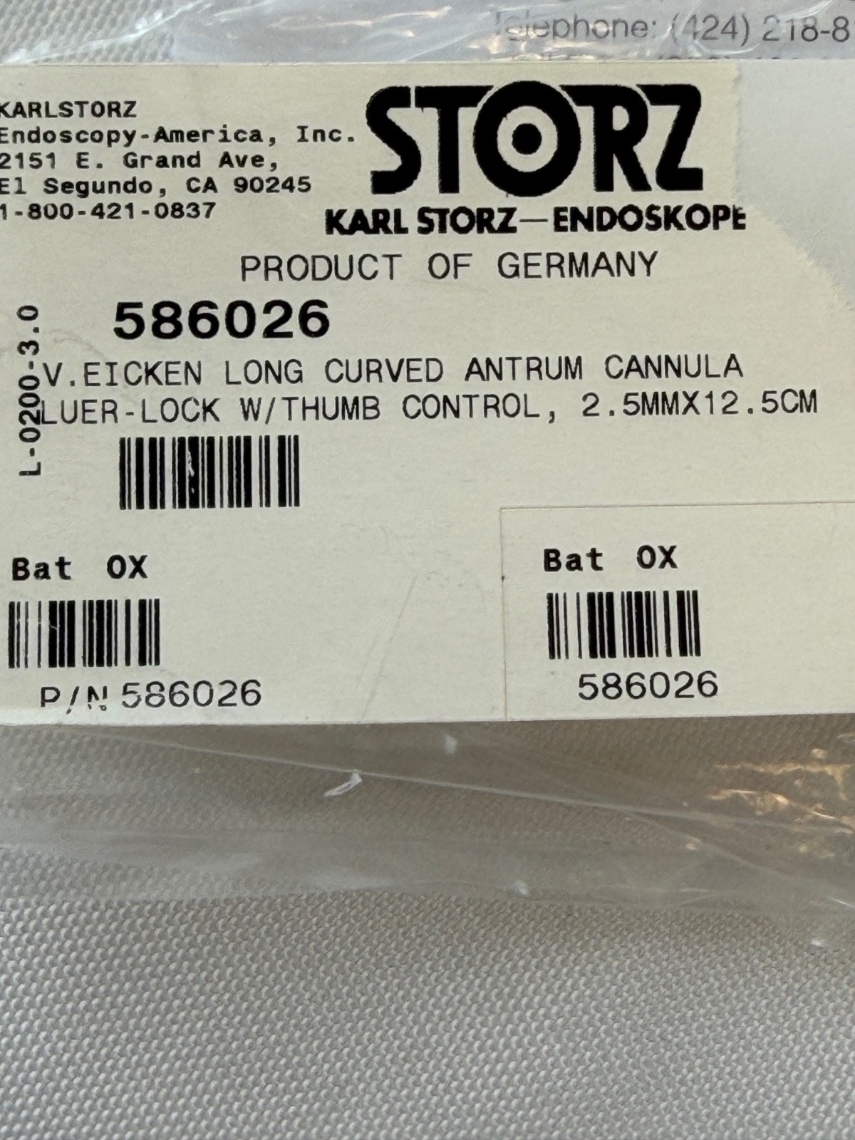 Karl Storz 586026 Eiken Long Curved Antrum Cannula Luer Lock Thumb 2.5mmX12.5cm