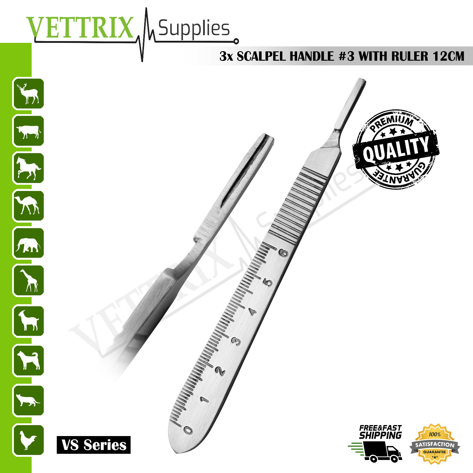 3X SCALPEL HANDLE #3 WITH RULER 12CM VETERNIARY SURGICAL INSTRUMENTS