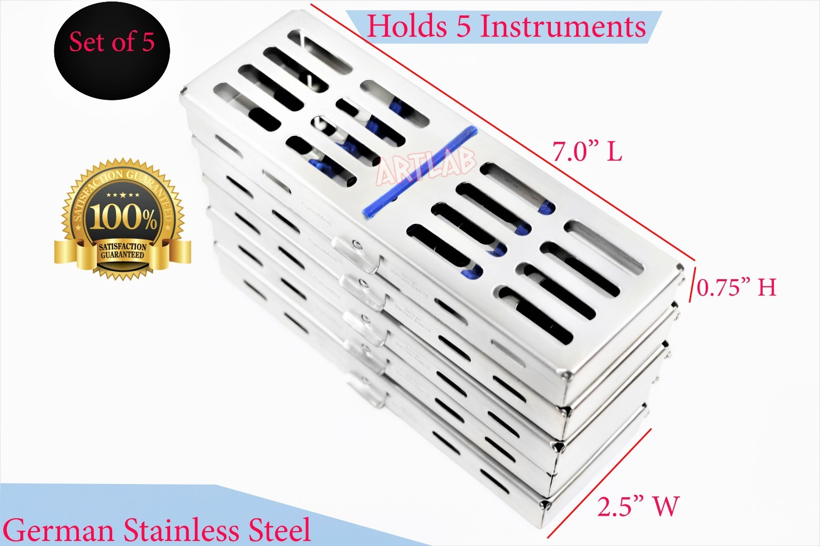 5 STERILIZATION CASSETTE TRAY RACK BOX HOLDS 5 INSTRUMENTS SURGICAL DENTAL BLUE