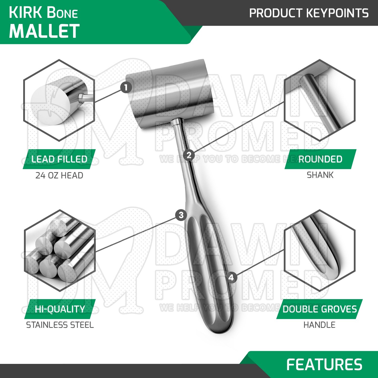 KIRK Bone Mallet 1.50″ (3.8cm) DIA, 26 Oz, Length 7.5″ Orthopedic Inst German Gr