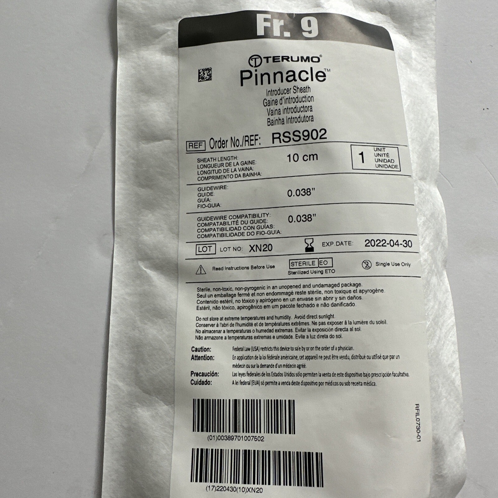 RSS902 SHEATH INTRODUCER 9FR 10CM 2.5CM DILATOR .038IN GUIDEWIRE