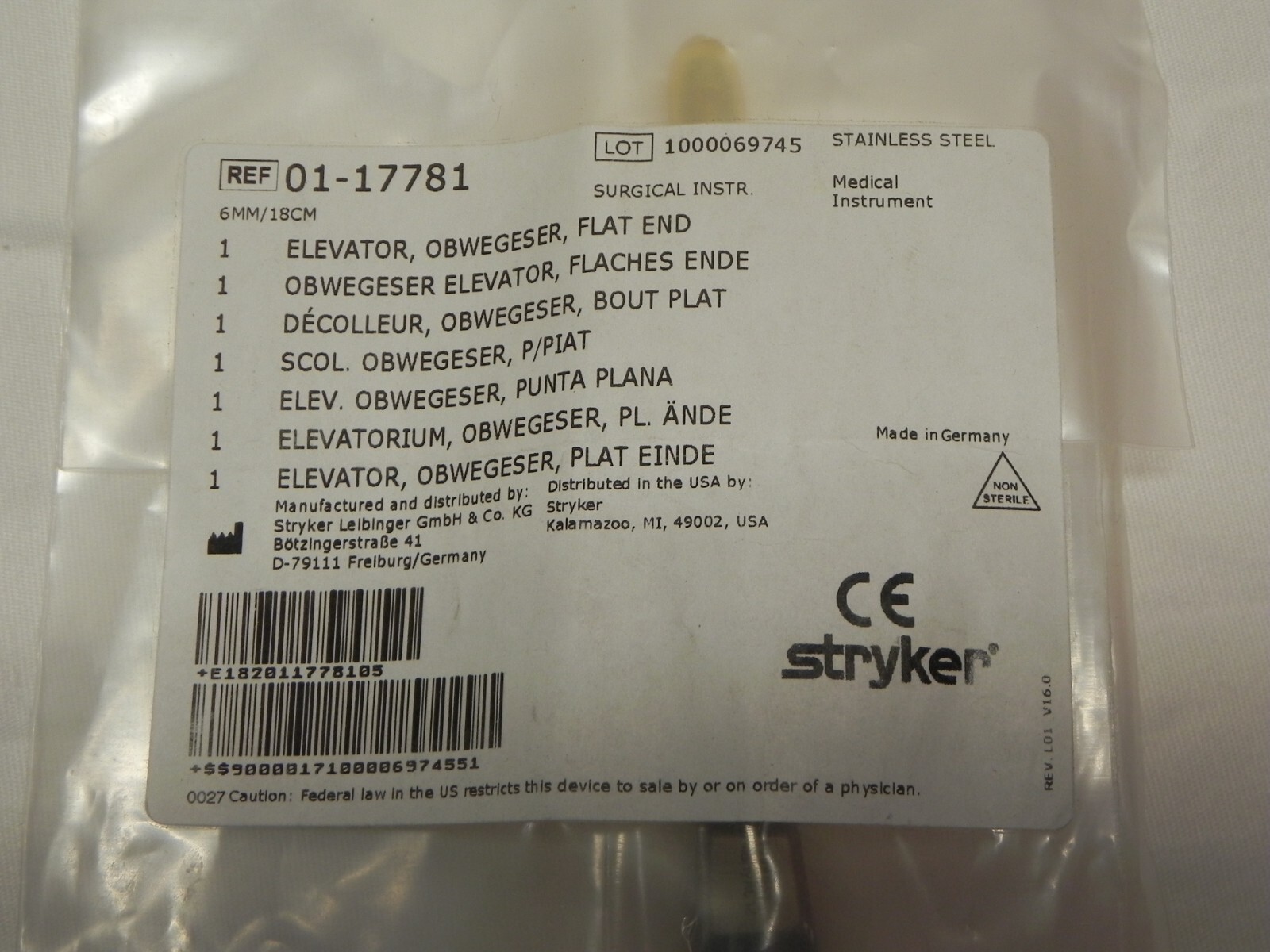 Stryker Obwegeser 01-17781 Periosteal Elevator Flat End 6mm/18cm