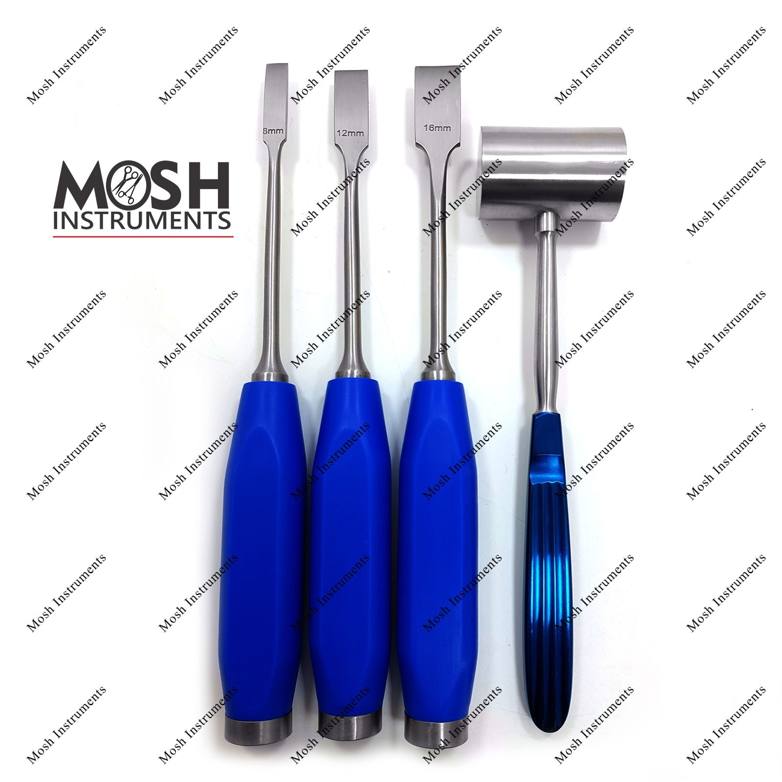 Orthopedic Osteotome Set with Teflon Handles & Solid Mallet | 8mm, 12mm, 16mm