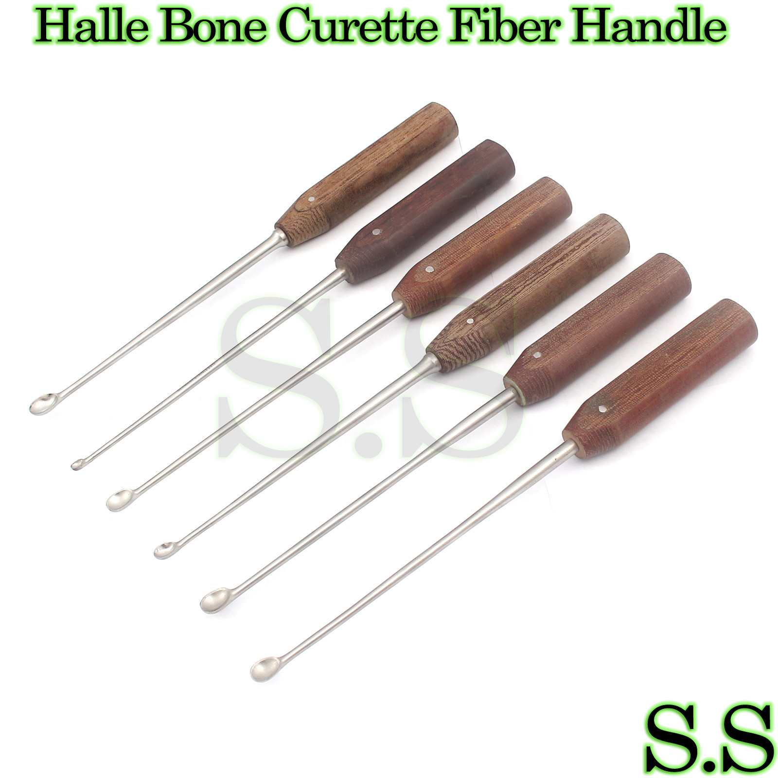Set of 6 Pcs Halle Bone Curette Fiber Handle Orthopedic Surgical Instruments