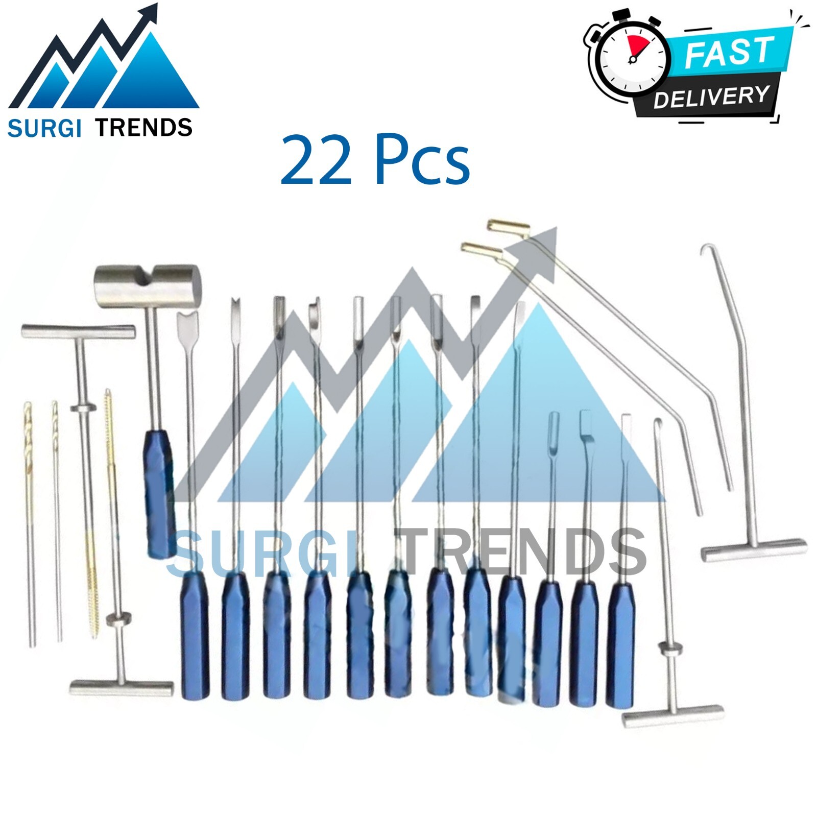 Cement Removal Instruments Set Of 22 Pcs Titanium Blue Orthopedics