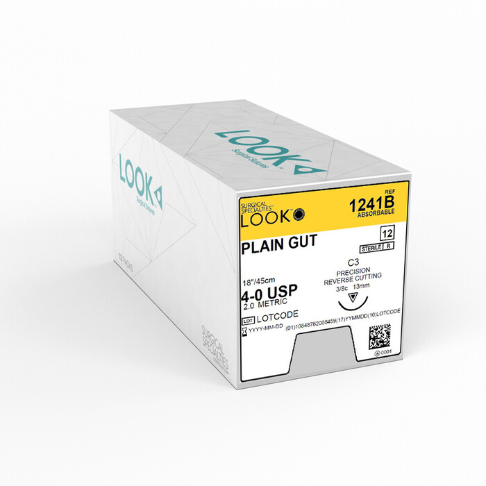 Look X1241B Plain Gut Absorbable Sutures 4/0 C3 3/8 Circle 18″ 12/Pk