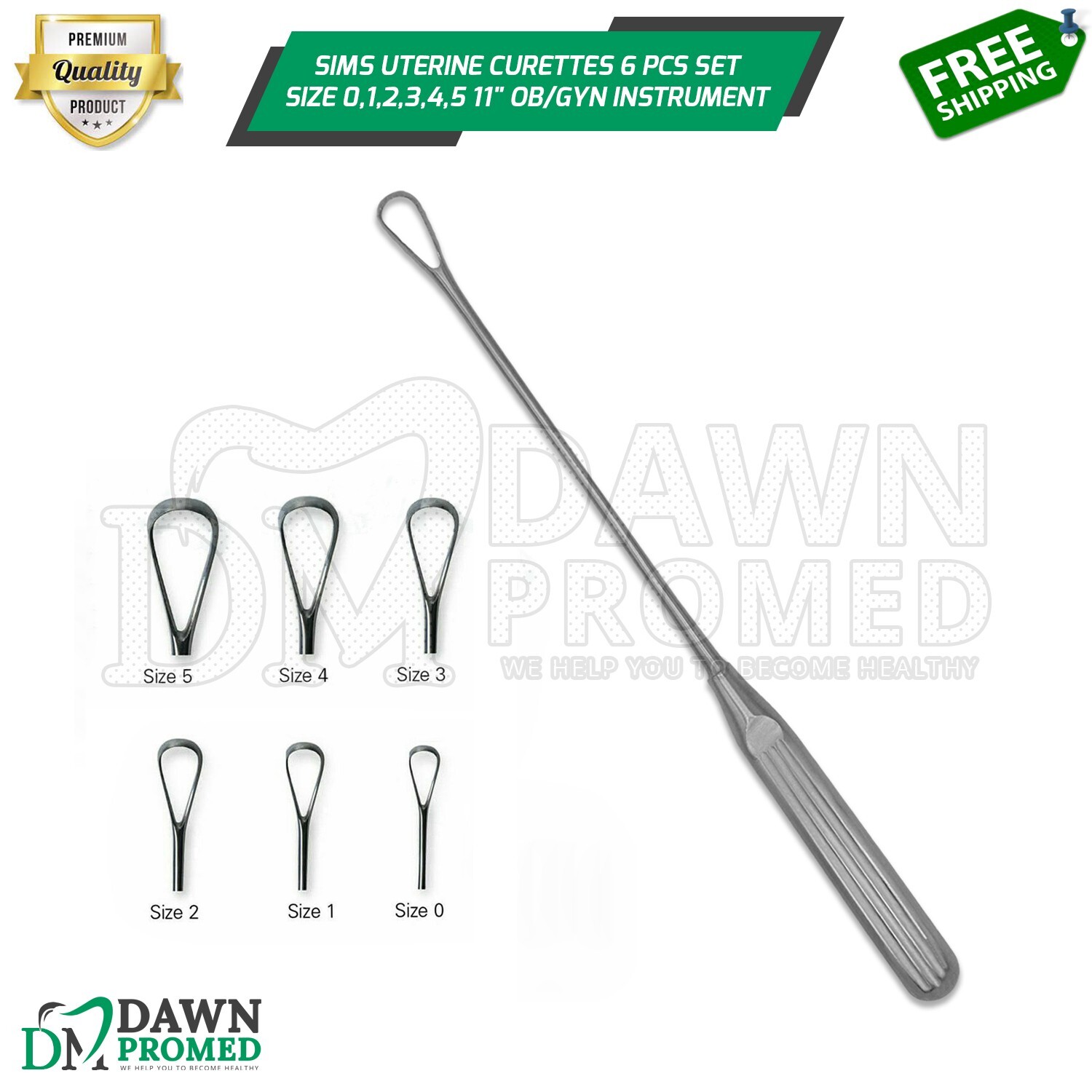Sims Uterine Curettes 6 Pcs Set Sharp Blade 0,1,2,3,4,5 11″ OB/GYN Inst German G